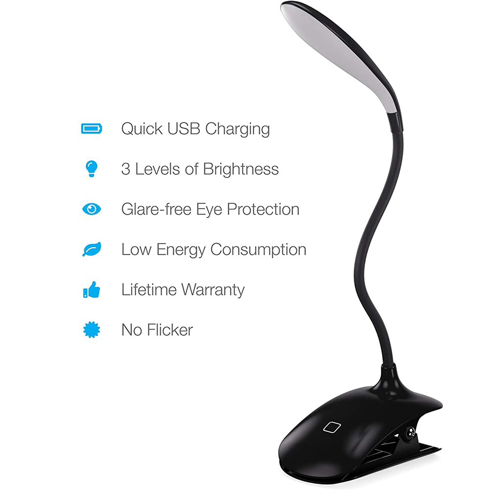Eine schwarze Schreibtischlampe mit Clip-Basis. Sie hat einen gebogenen Hals und eine weiße Lichtleiste. Eigenschaften: USB-Aufladung, 3 Helligkeitsstufen.