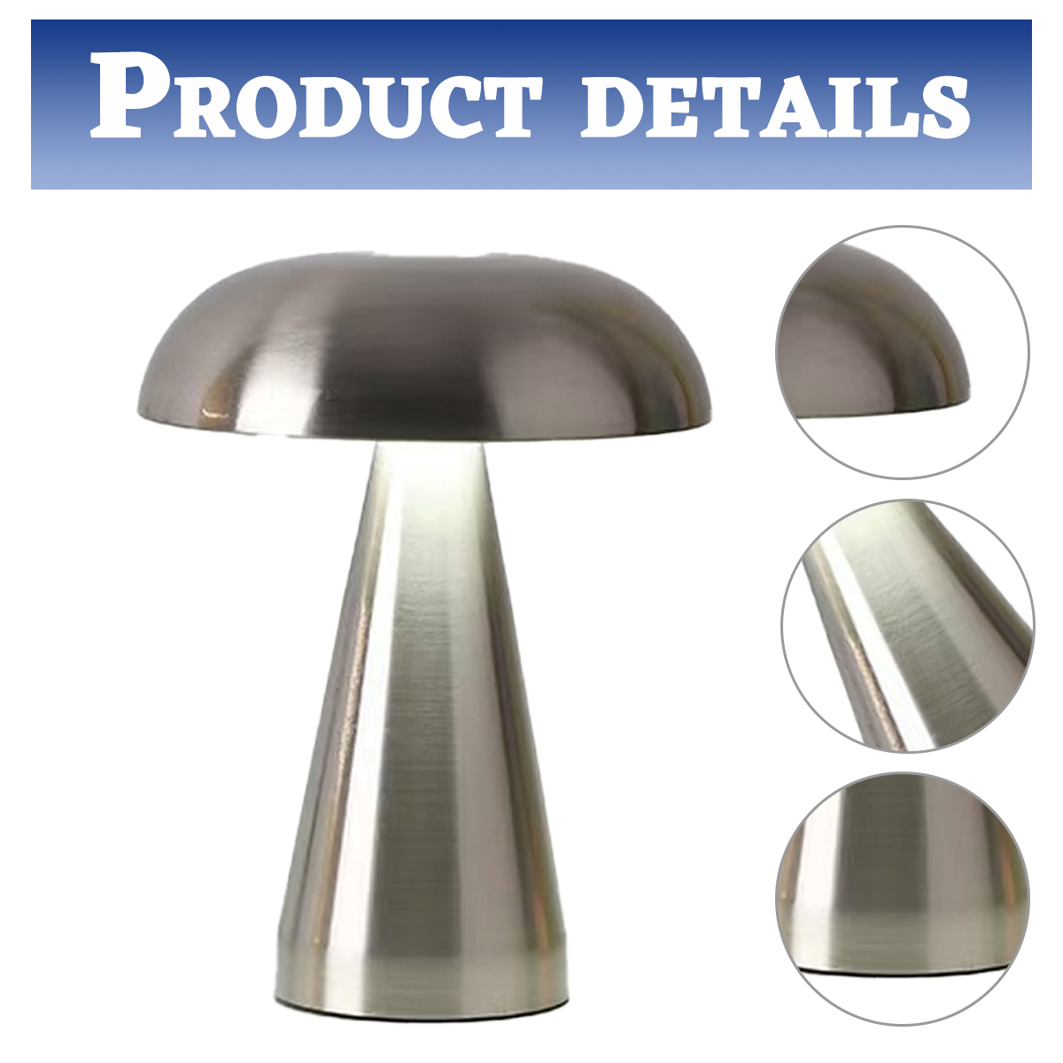 Eine Metall-Tischlampe mit pilzförmigem Schirm und konischem Fuß. Details in runden Ausschnitten gezeigt. Text 'PRODUKTDETAILS' oben.
