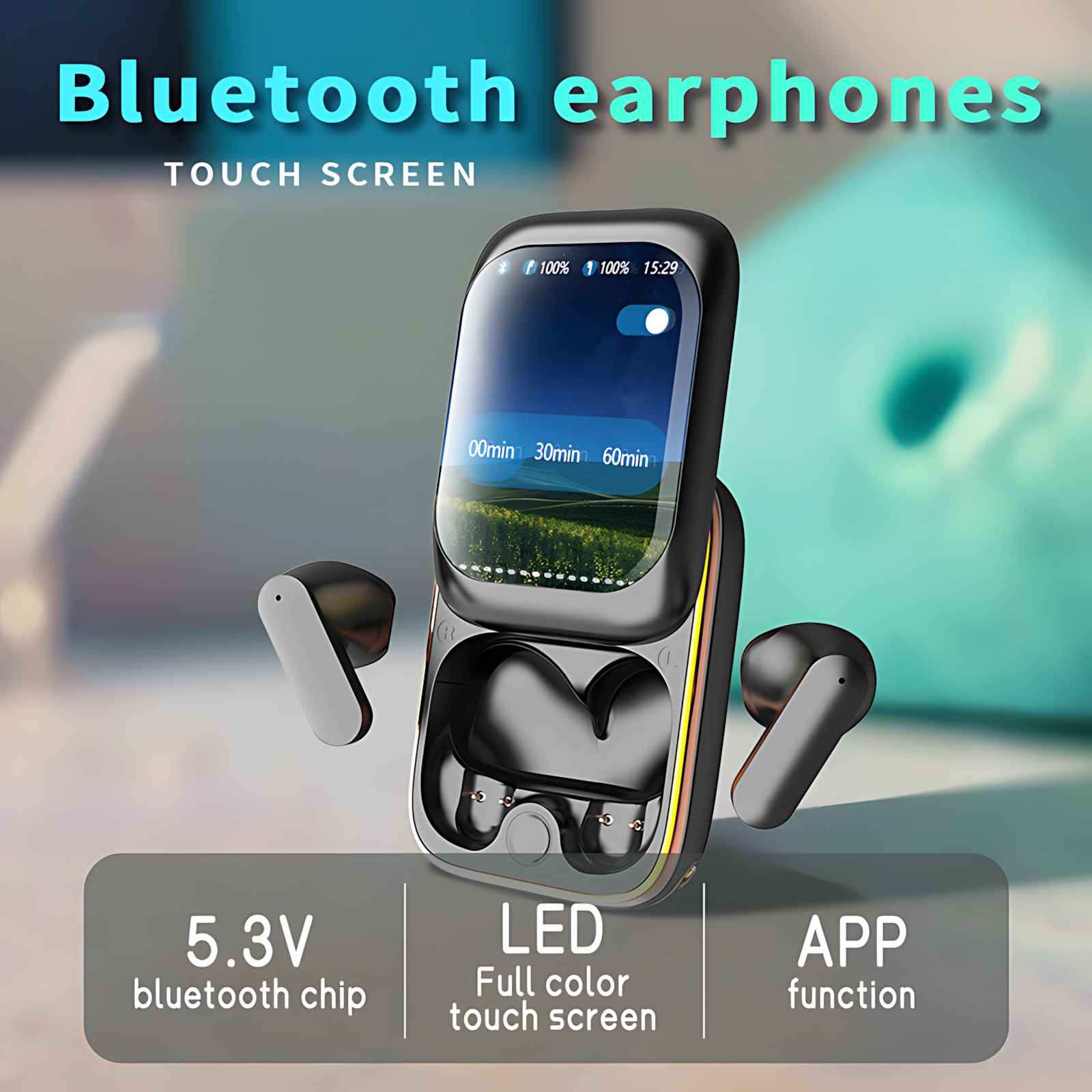 Das Bild zeigt Bluetooth-Kopfhörer mit Touchscreen, Ladecase und zwei Ohrhörern. Zu den Merkmalen gehören ein 5,3-V-Bluetooth-Chip und eine APP-Funktion.