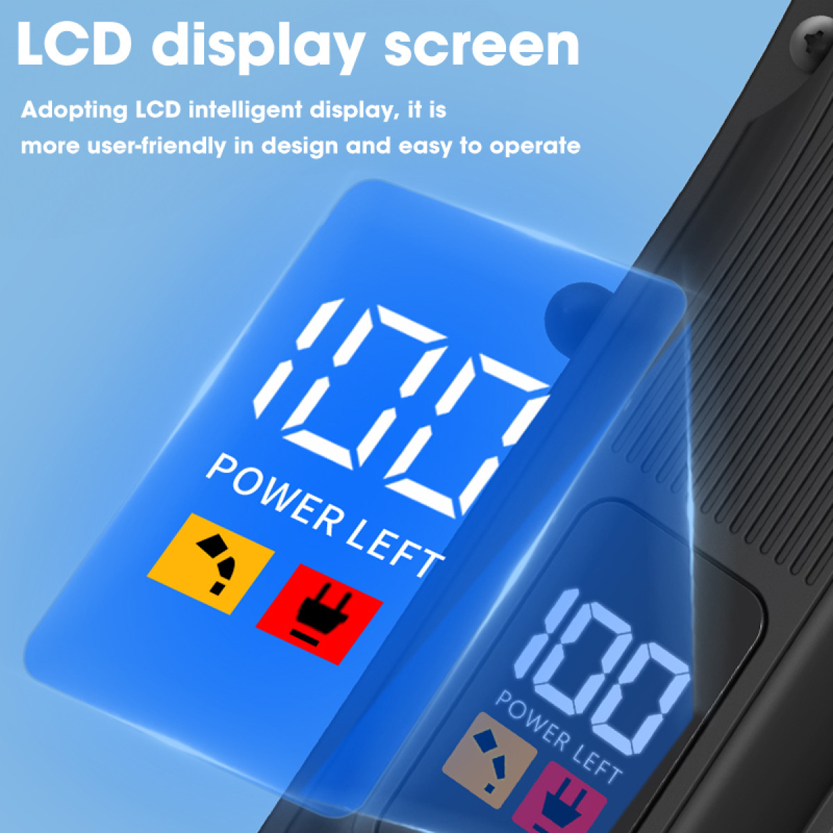Blaues LCD zeigt '100 POWER LEFT'. Symbole für Batterie und Stromversorgung sind abgebildet. Text oben: 'LCD-Bildschirm'.