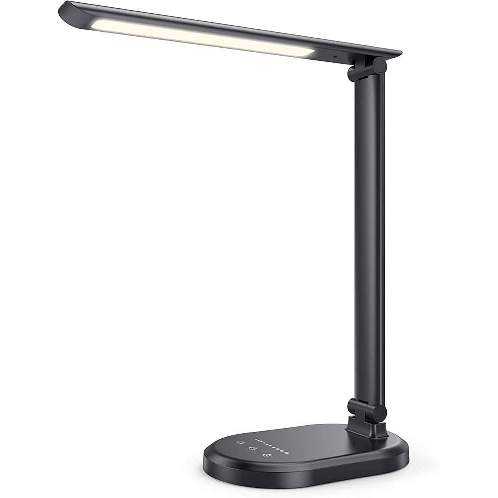 Eine schwarze Schreibtischlampe mit einem beleuchteten, rechteckigen Leuchtenkopf. Die Lampe hat einen runden Fuß mit Touch-Bedienelementen.