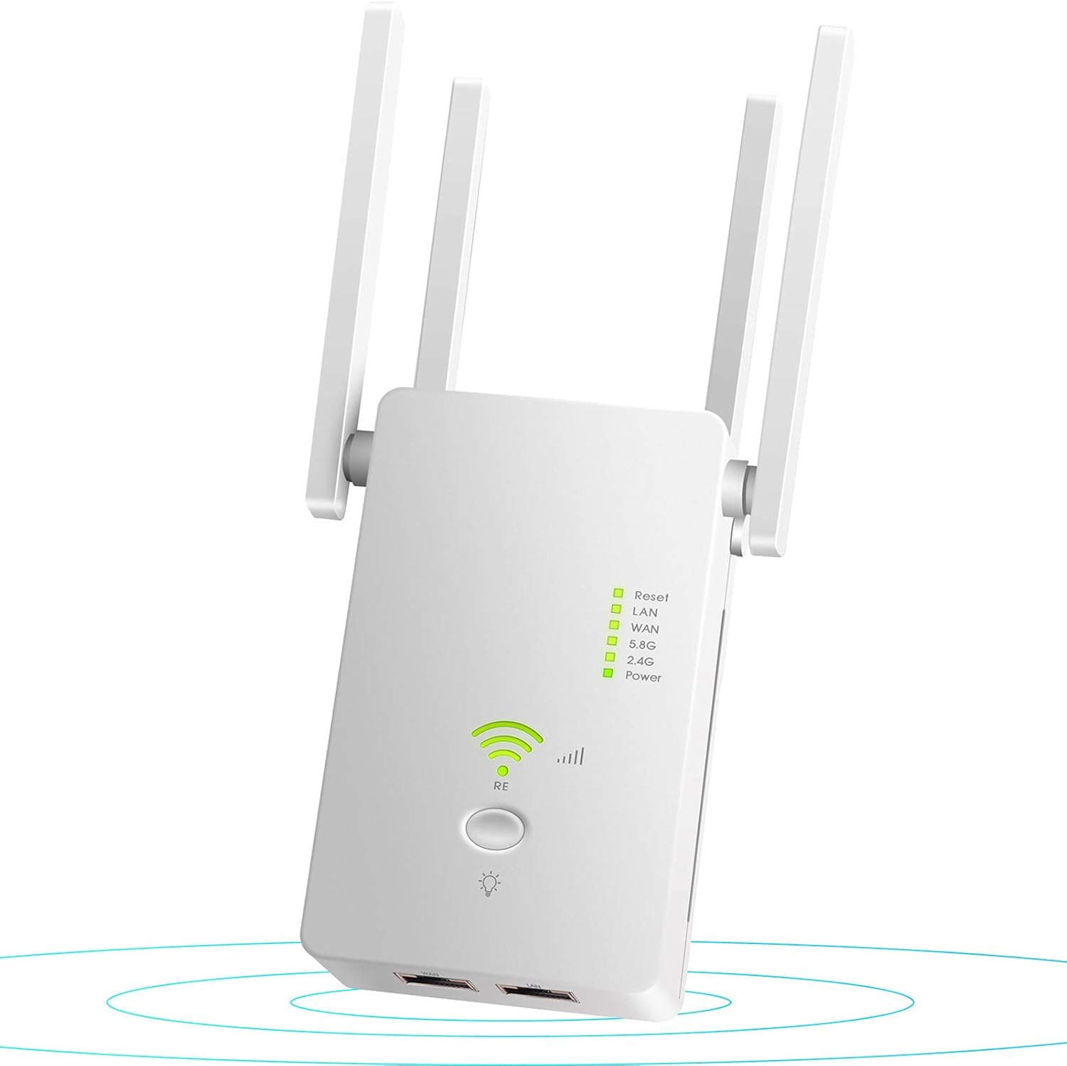Ein weißer WLAN-Repeater mit drei Antennen. Er hat Kontrollleuchten und eine Reset-Taste. Ein Power-Knopf ist ebenfalls sichtbar.