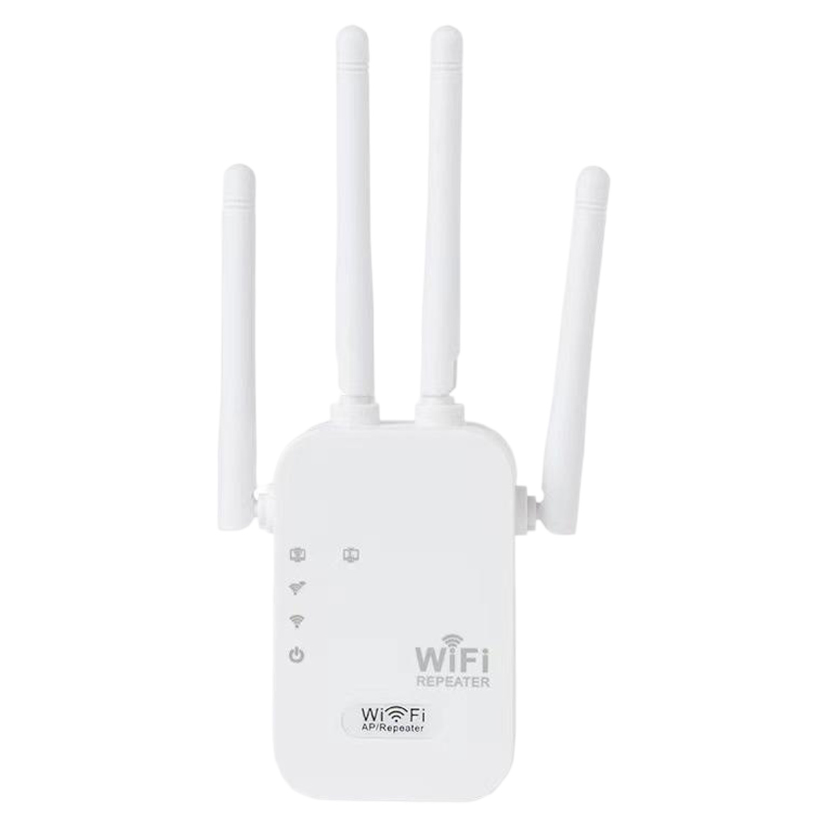 Ein weißer WLAN-Repeater mit vier Antennen. Er hat einen Ein-/Ausschalter und WLAN- und Repeater-Symbole.
