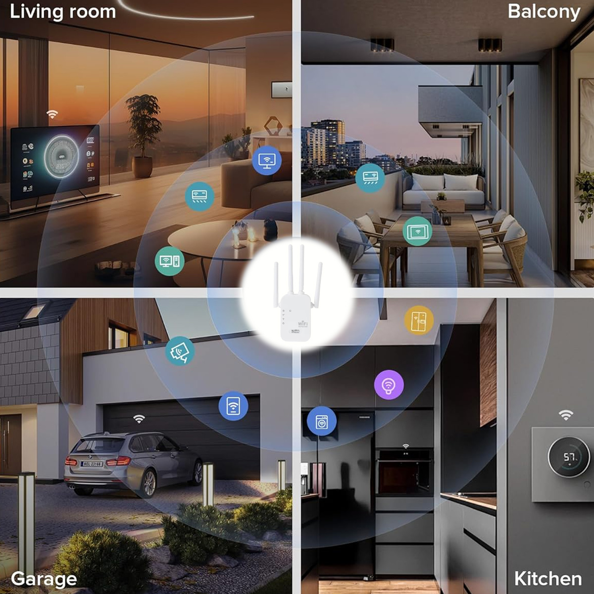 Ein WLAN-Repeater zeigt seine Konnektivität in verschiedenen Bereichen des Hauses: Wohnzimmer, Balkon, Garage und Küche. Symbole stellen Geräte dar.