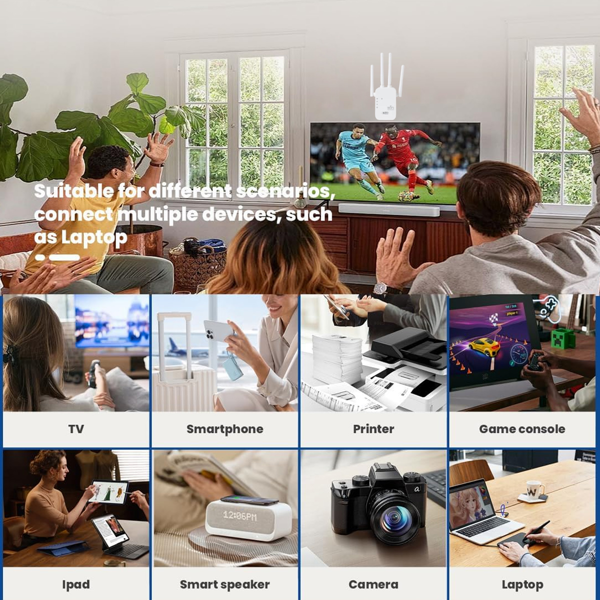 Das Bild zeigt Geräte wie Fernseher, Smartphone, Drucker, Spielkonsole, iPad, Lautsprecher, Kamera und Laptop, die mit einem Netzwerk verbunden sind.