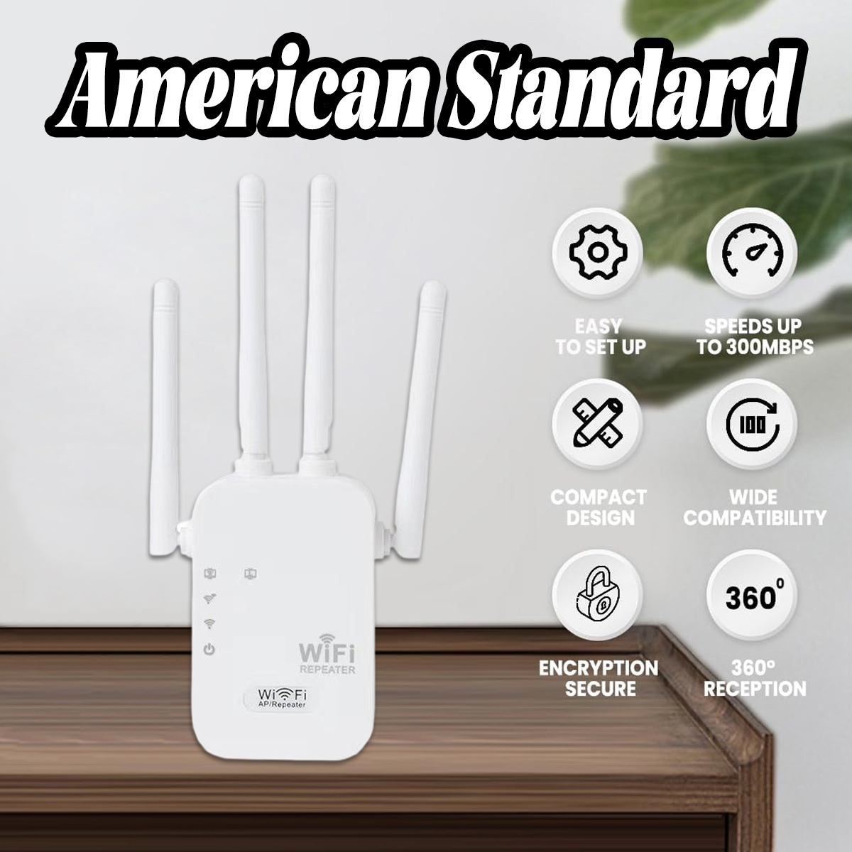 Ein weißer WiFi-Repeater mit Antennen steht auf einer Holzoberfläche. Symbole beschreiben Funktionen: einfache Einrichtung, bis zu 300 Mbit/s, kompaktes Design usw.