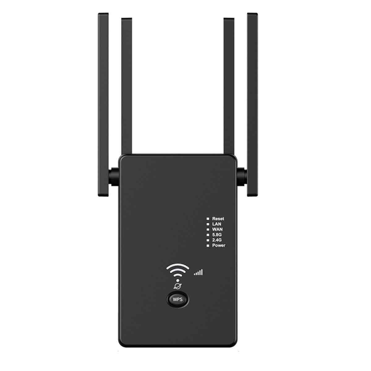 Ein schwarzer WLAN-Repeater mit drei Antennen. Er hat Anzeigen für Reset, LAN, WAN, 5.8G, 2.4G und Power, mit einer WPS-Taste.