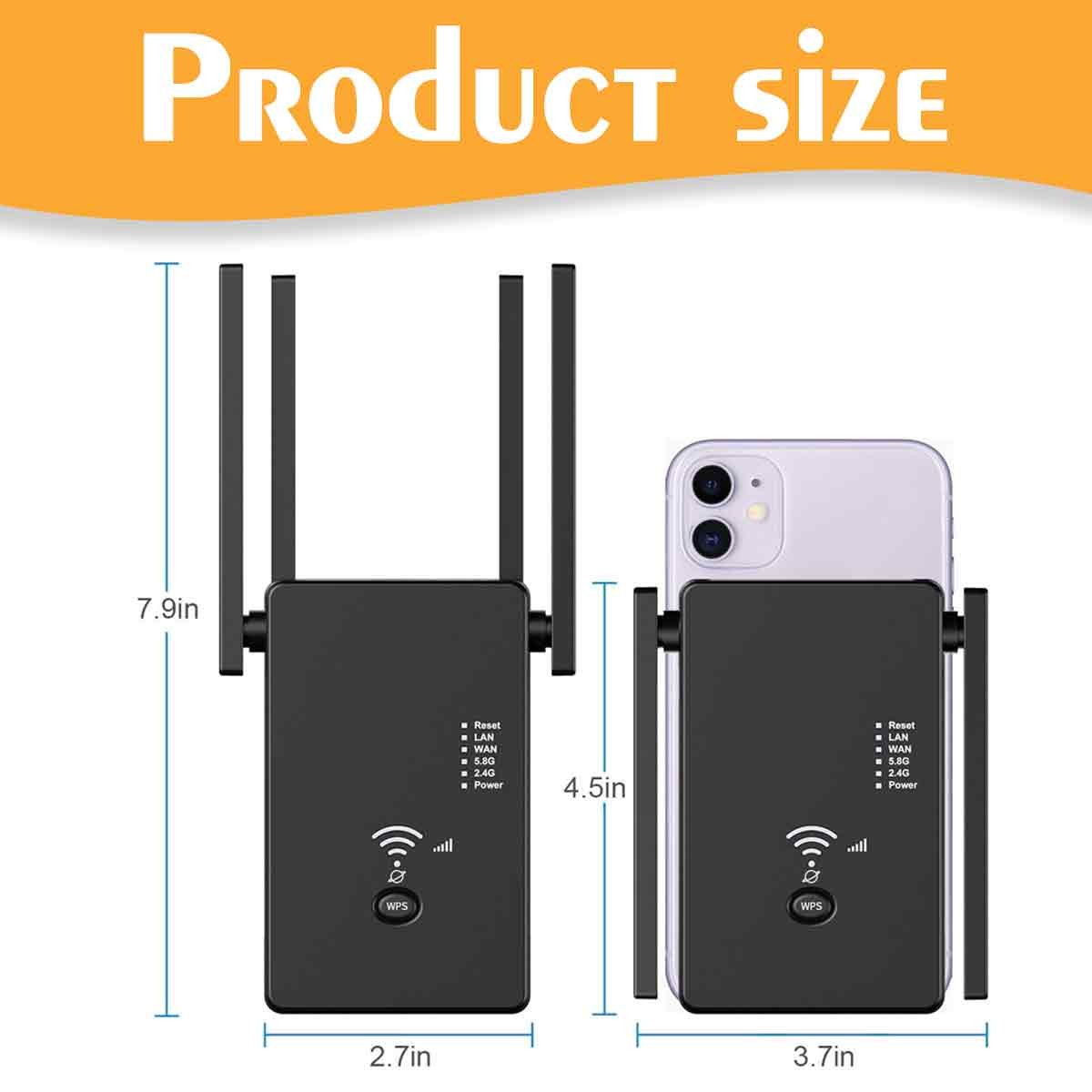 Zwei schwarze WLAN-Repeater mit Abmessungen und ein Telefon werden vor einem weißen Hintergrund mit einem orangefarbenen Banner 'PRODUCT SIZE' angezeigt.