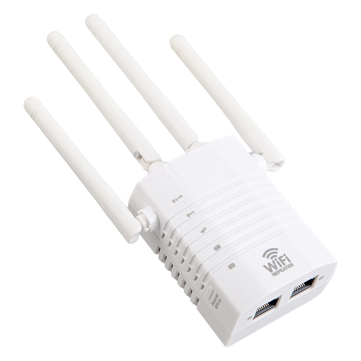 Ein weißer WLAN-Repeater mit vier Antennen. Er hat zwei Ethernet-Anschlüsse und ein 'Wifi Repeater'-Logo. Isoliert auf weißem Hintergrund.