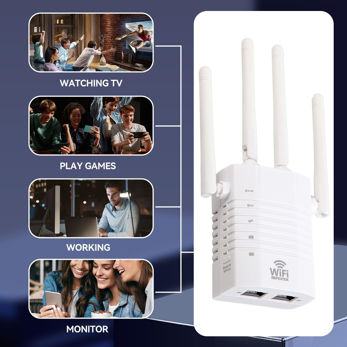 Ein weißer WLAN-Repeater mit vier Antennen. Szenen von Menschen beim Fernsehen, Spielen, Arbeiten und Überwachen eines Telefons.