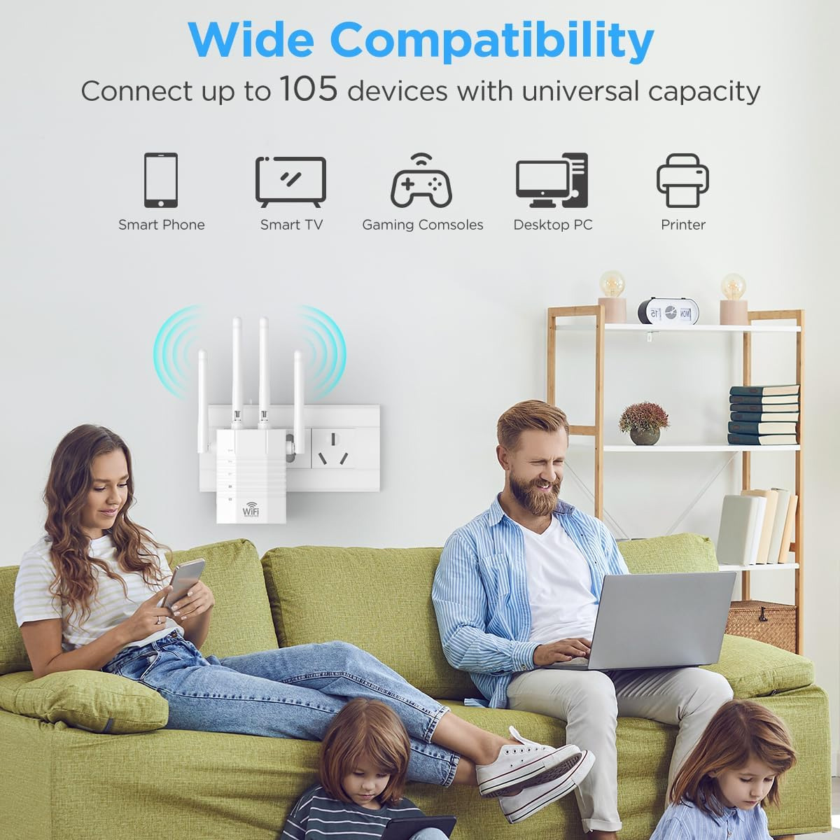 Familie nutzt Geräte, verbunden mit einem WLAN-Extender. Frau am Telefon, Mann am Laptop, Kinder an Tablets. Geräte-Symbole oben.