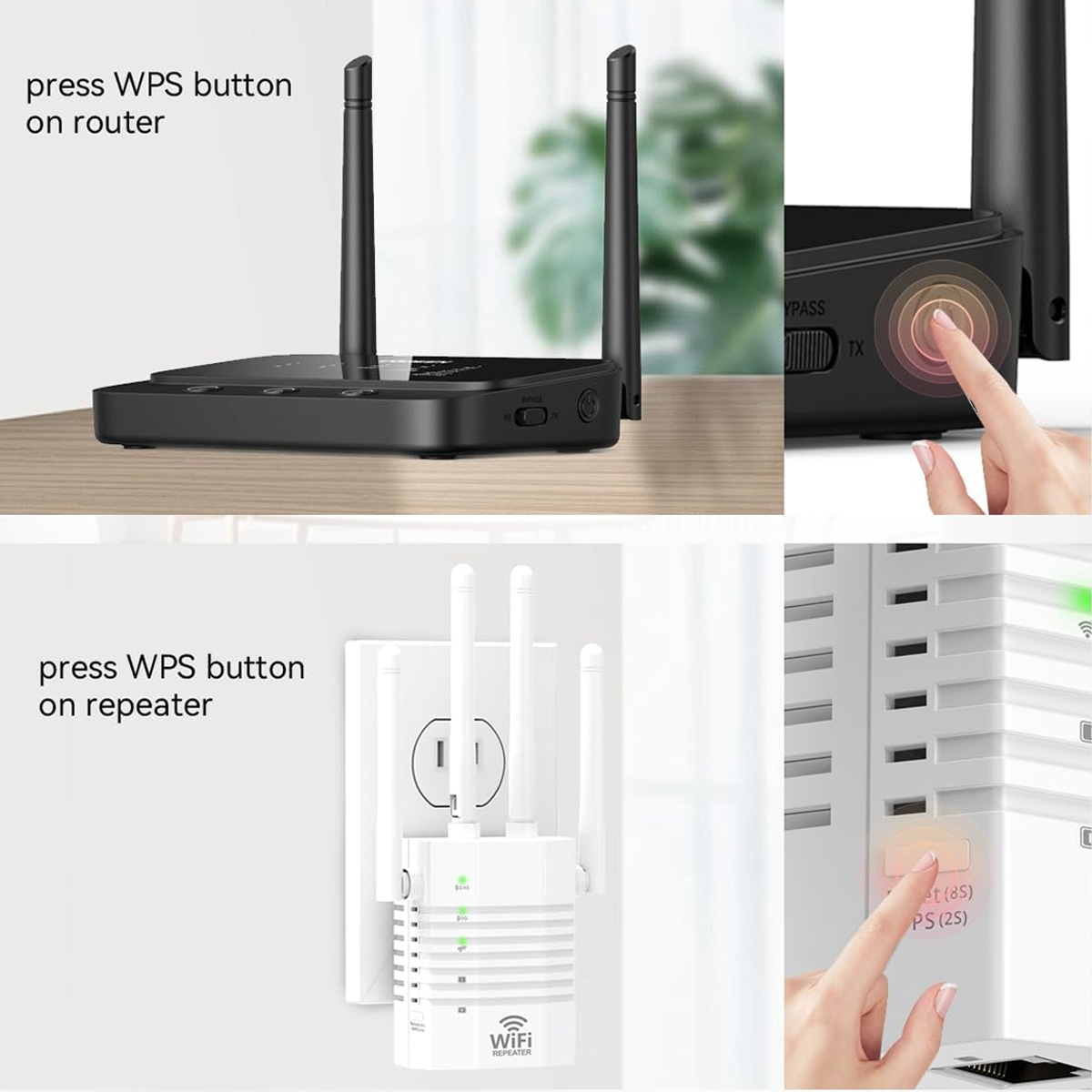 Das Bild zeigt einen Router und einen Repeater. Hände drücken WPS-Tasten auf beiden Geräten. Text gibt Anweisungen.