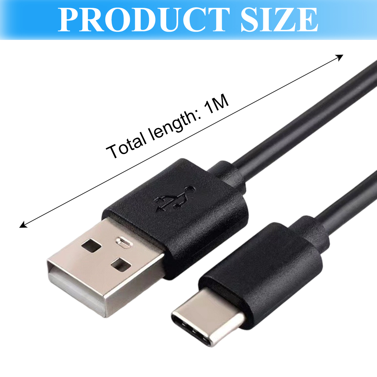 Schwarzes USB-Kabel mit USB-A- und USB-C-Anschlüssen. Der Text "Gesamtlänge: 1M" ist über dem Kabel geschrieben, unter einem blauen Banner.