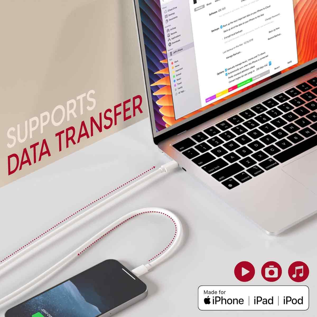 Ein Laptop ist mit einem weißen Kabel mit einem Telefon verbunden. Text: 'Supports Data Transfer'. Für iPhone, iPad und iPod.