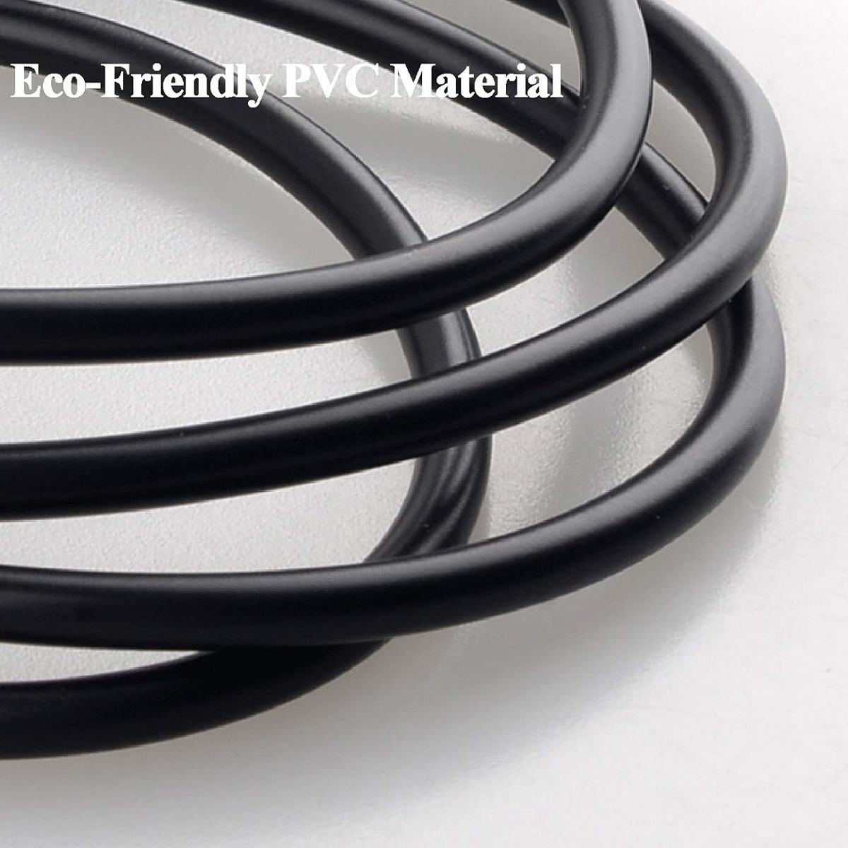Nahaufnahme von schwarzen, abgerundeten Röhren, die vor einem weißen Hintergrund zusammengerollt sind. Text 'Eco-Friendly PVC Material' sichtbar.