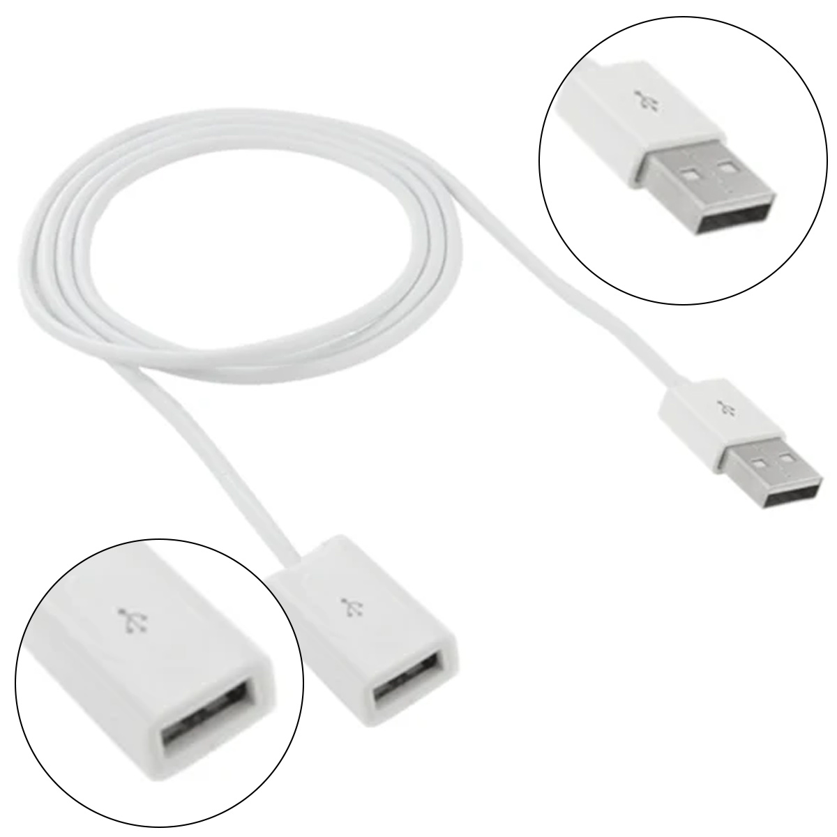 Ein weißes USB-Verlängerungskabel ist aufgerollt. Zwei USB-Anschlüsse sind sichtbar, jeder mit einem Kreis. Der Hintergrund ist schlicht.