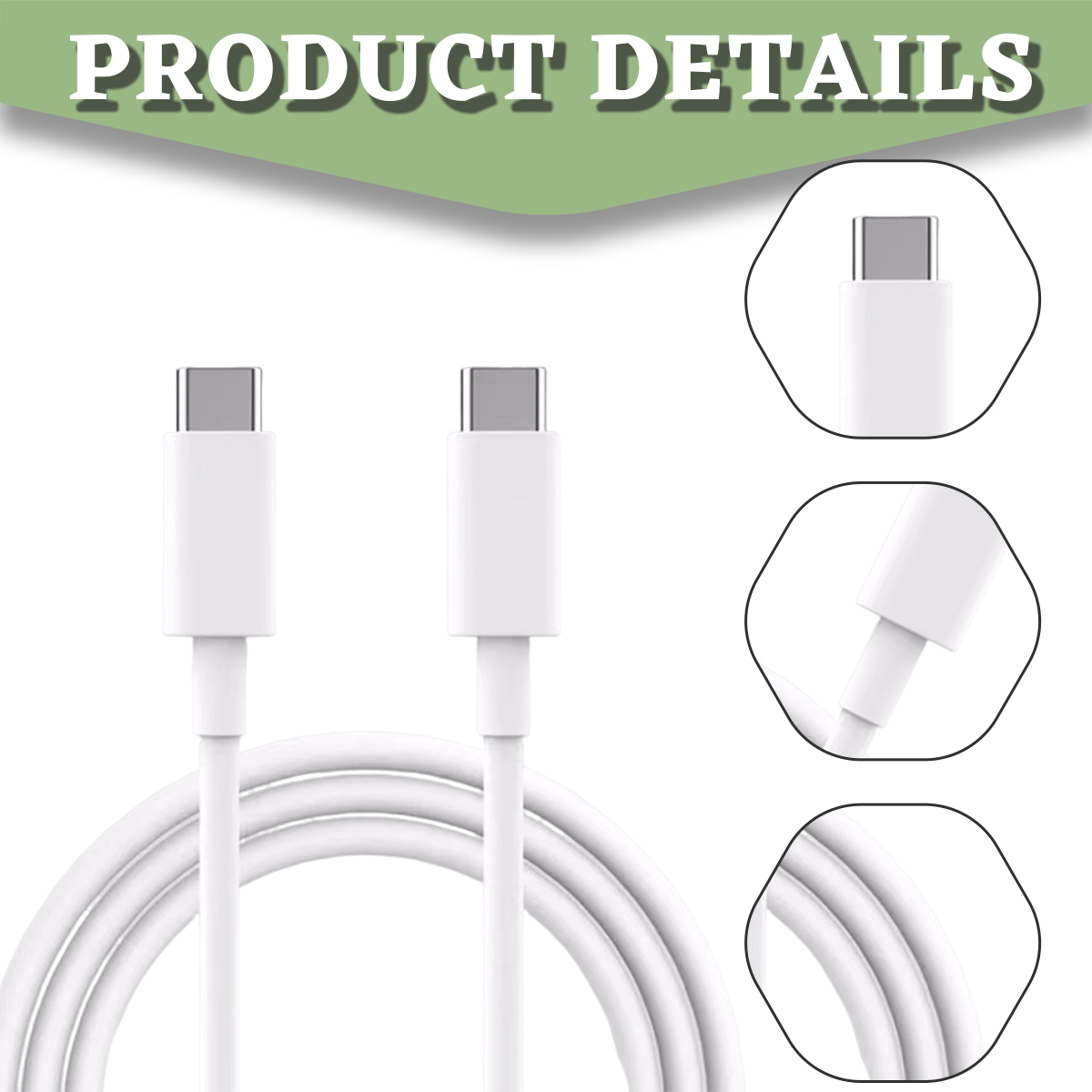 Das Bild zeigt zwei weiße USB-C-Kabel mit detaillierten Nahaufnahmen. Der obere Teil des Bildes hat den Text PRODUKTDETAILS in weißen Buchstaben.