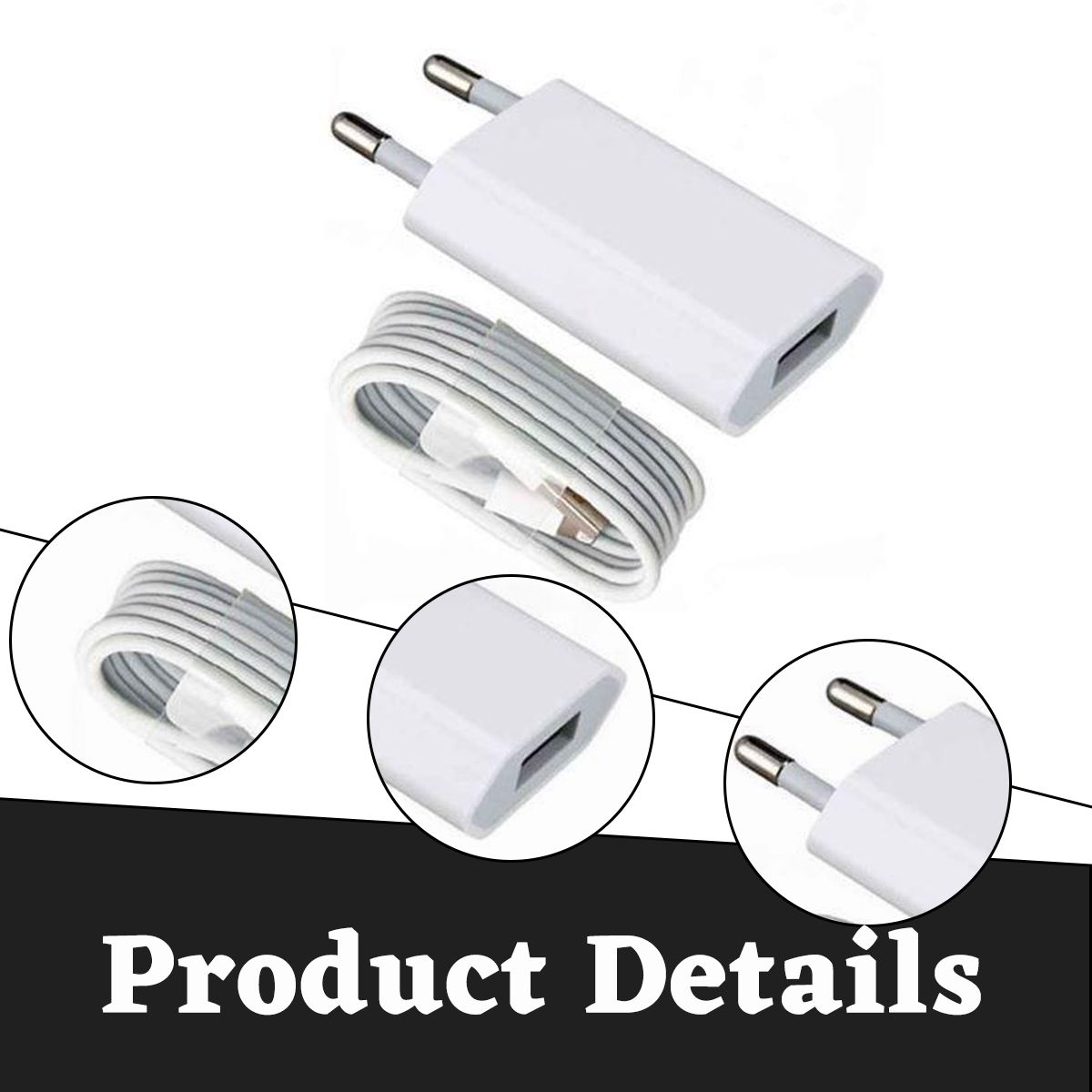 Ein weißes Telefonladegerät mit Kabel und drei Detailbildern. Der Text unten lautet 'Produktdetails'.
