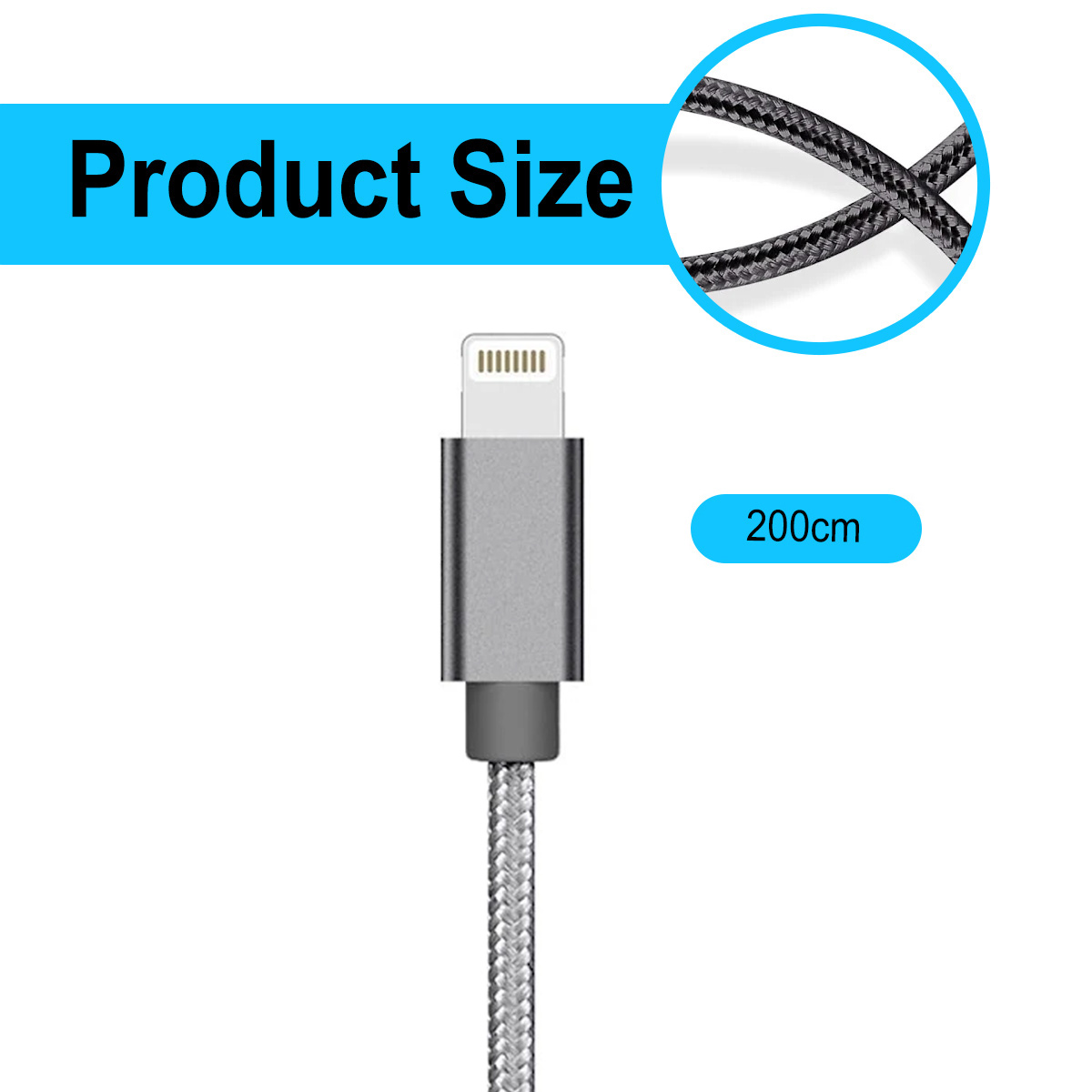 Ein silbernes Ladekabel mit grauem Stecker und geflochtenem Silberkabel. Text: 'Produktgröße' und '200cm'.