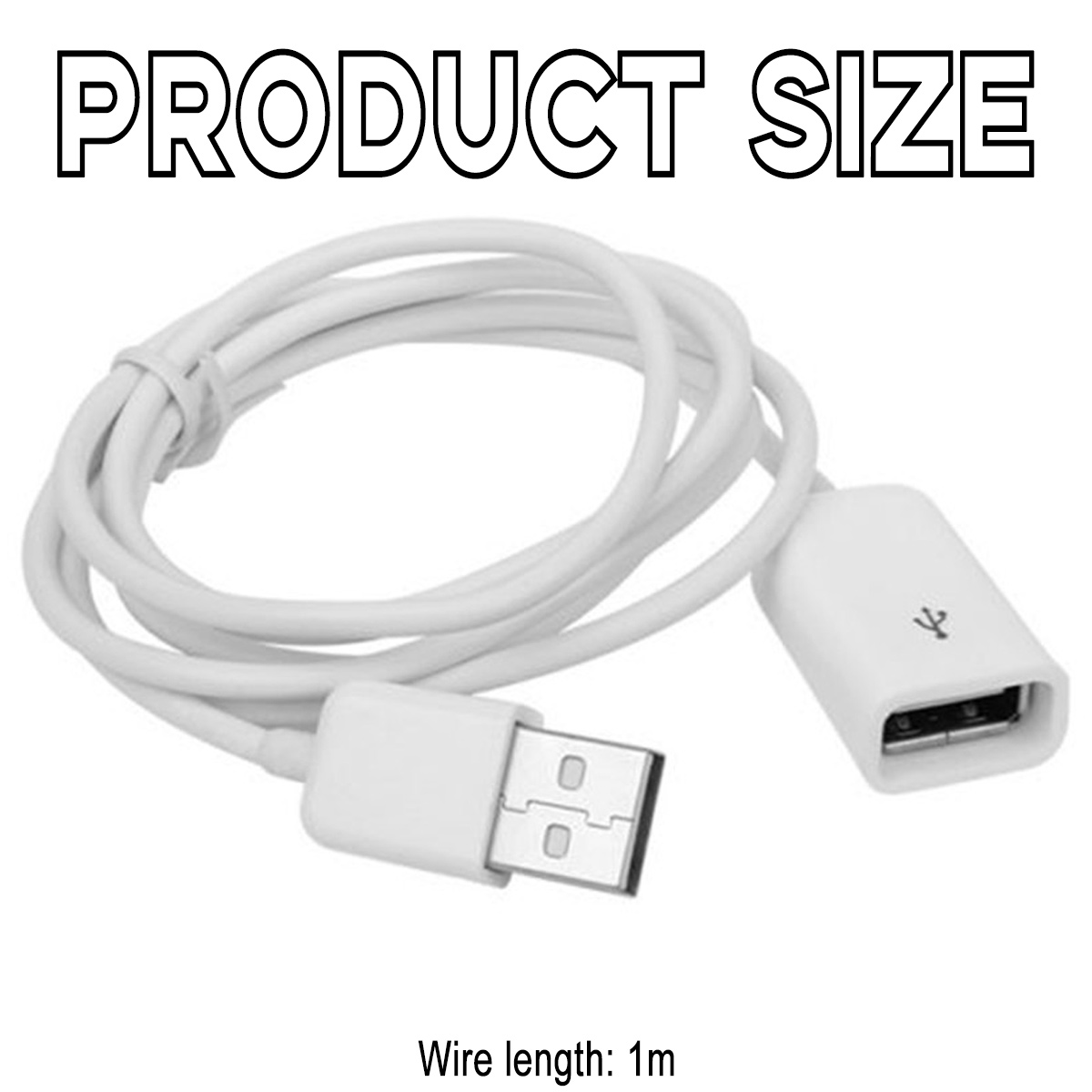 Weißes USB-Kabel mit zwei Anschlüssen. Oben steht 'PRODUCT SIZE'. Die Kabellänge beträgt 1 m. Weißer Hintergrund.