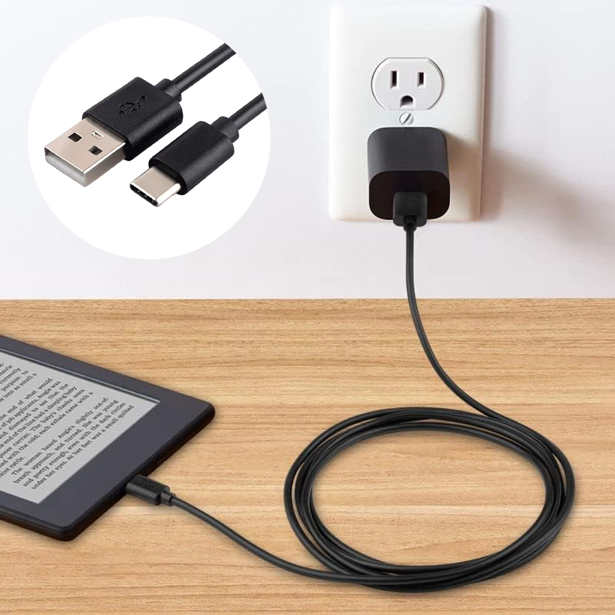 Ein schwarzes Ladegerät ist an eine Steckdose und auch an ein Tablet angeschlossen. Ein USB- und USB-C-Kabel sind ebenfalls abgebildet.