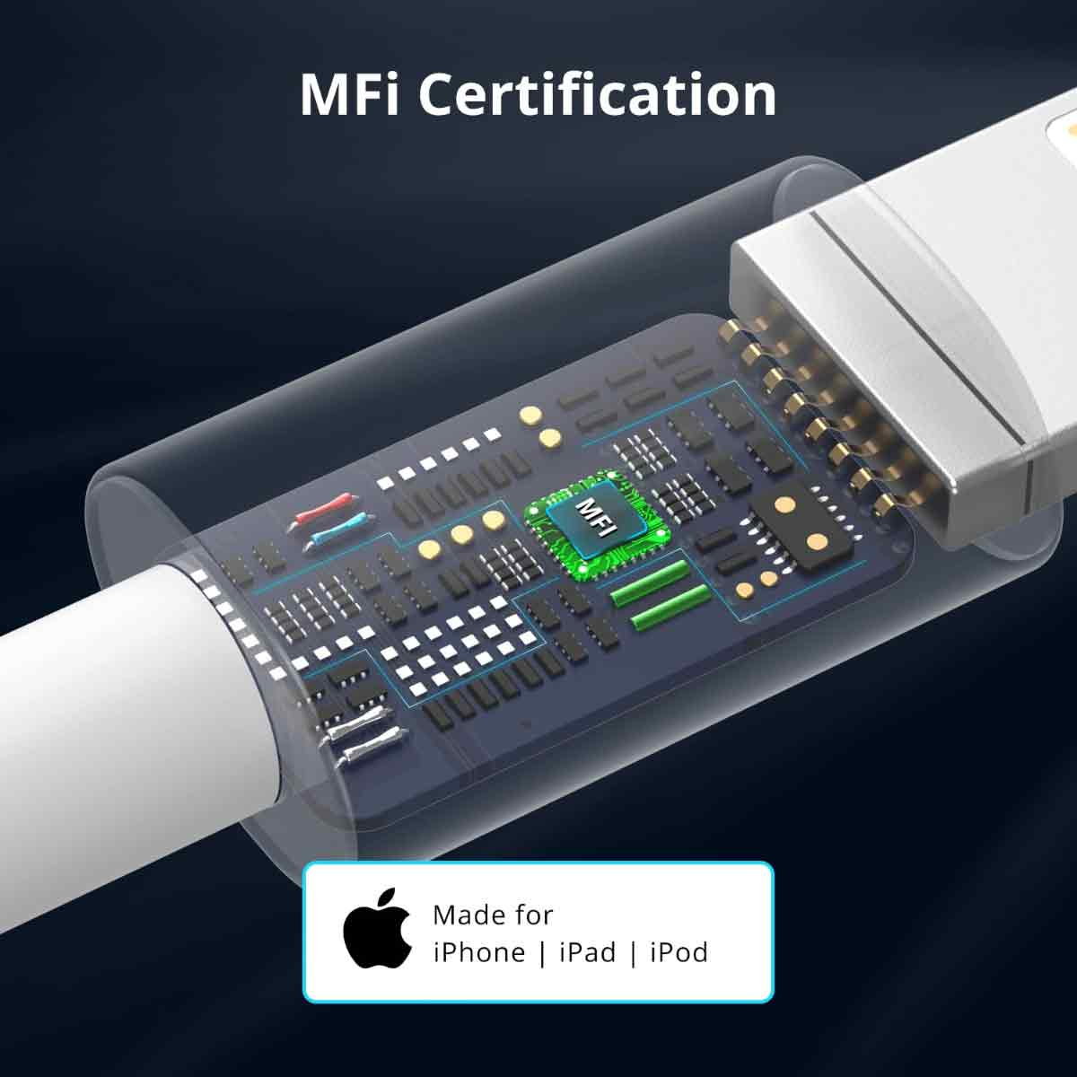 Nahaufnahme eines Kabels mit MFi-Zertifizierung. Das Etikett lautet 'Made for iPhone | iPad | iPod' mit einem Apple-Logo.