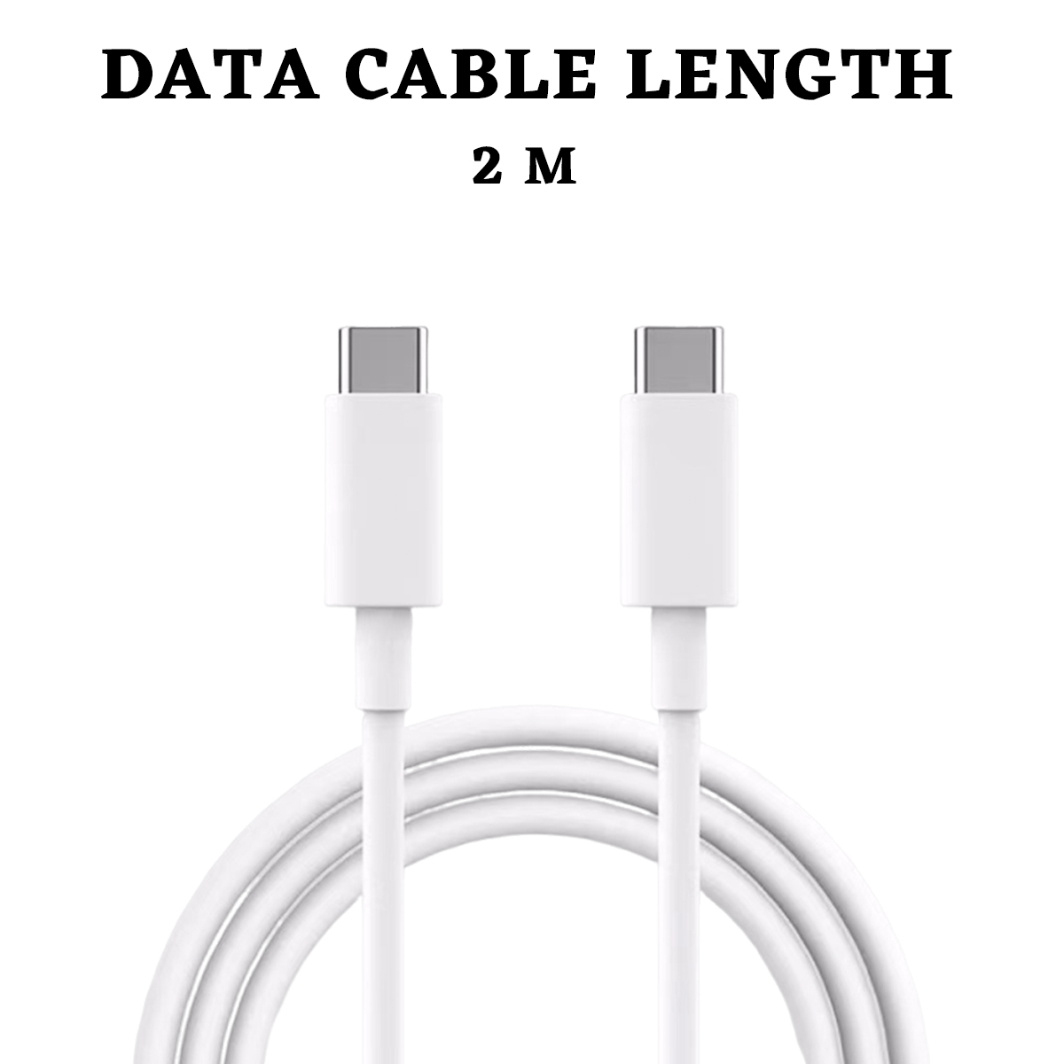 Ein weißes Datenkabel mit USB-C-Anschlüssen an beiden Enden. Der Text oben lautet 'DATA CABLE LENGTH 2 M'.