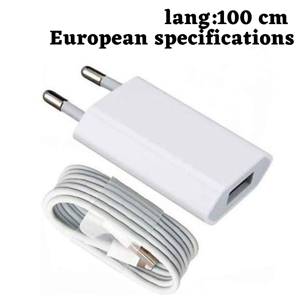 Ein weißes Telefonladegerät mit Kabel, europäische Spezifikationen. Das Kabel ist weiß und grau. Text: lang:100 cm.
