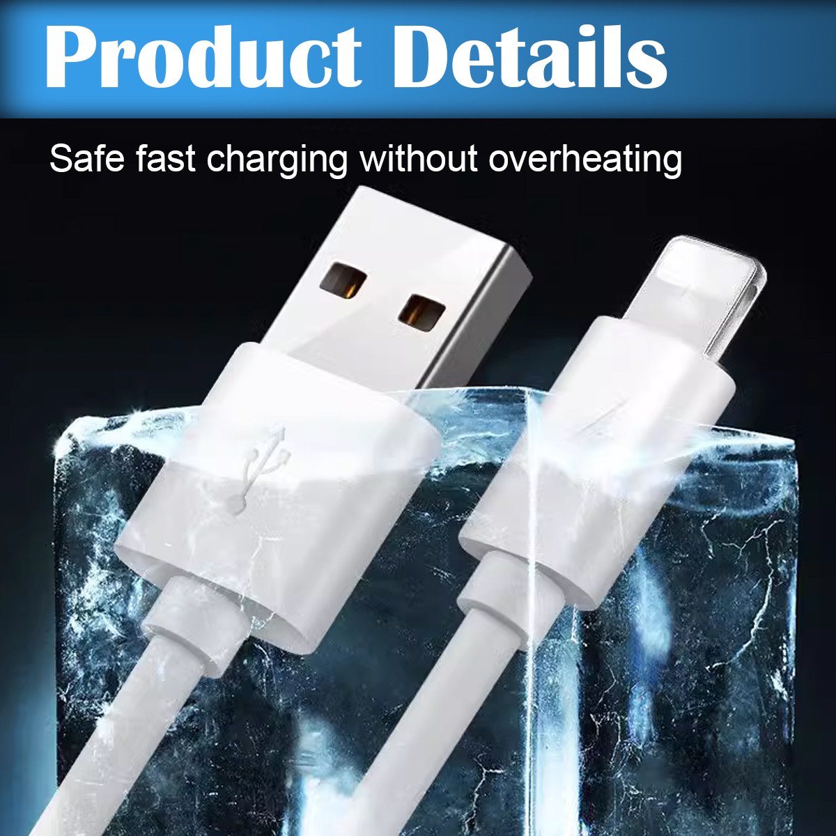 Weiße USB- und Lightning-Ladekabel in einem Eisblock. Produktdetails oben zeigen sicheres, schnelles Laden an.