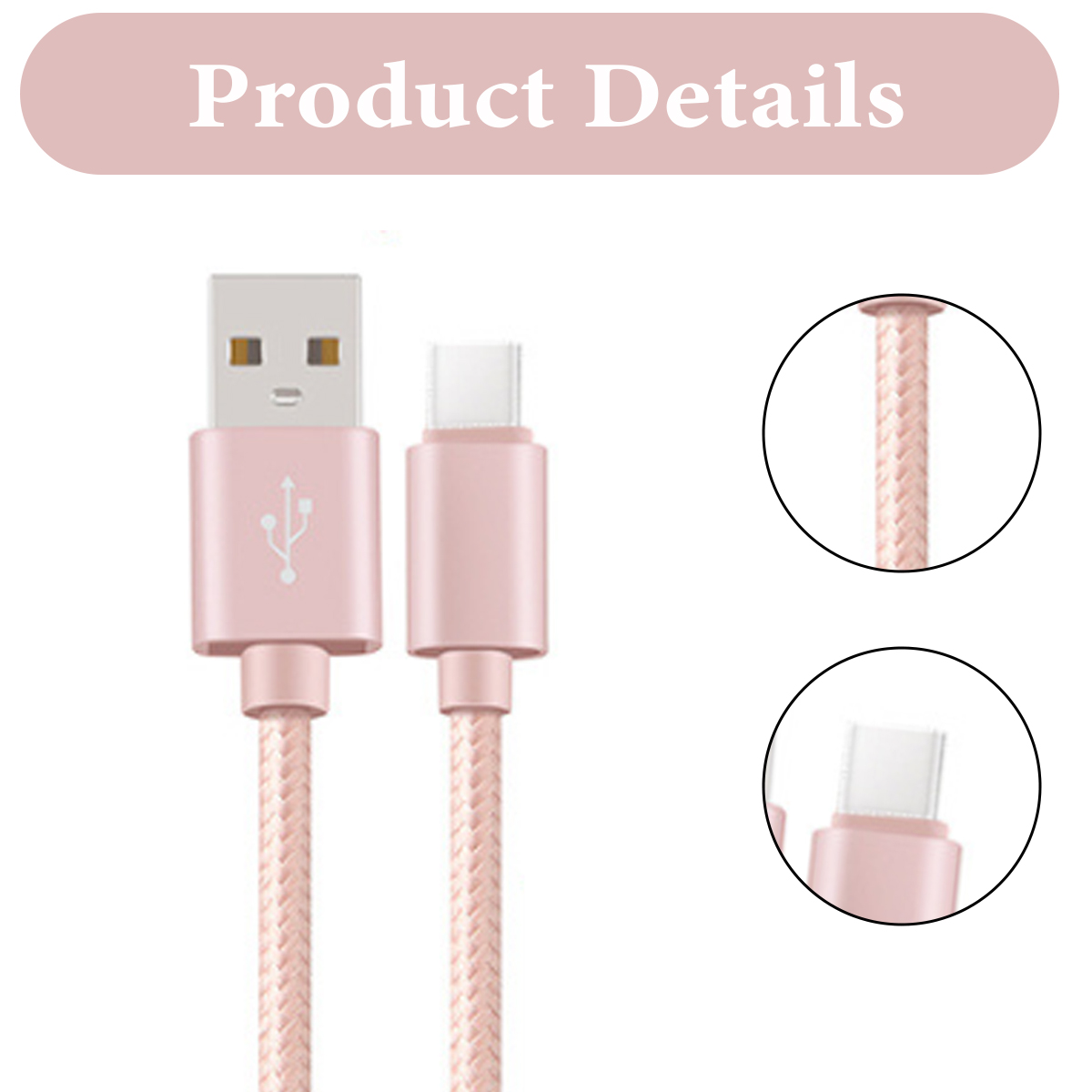 Rosa USB-Ladekabel, Details in Kreisen gezeigt. Text 'Produktdetails' oben.