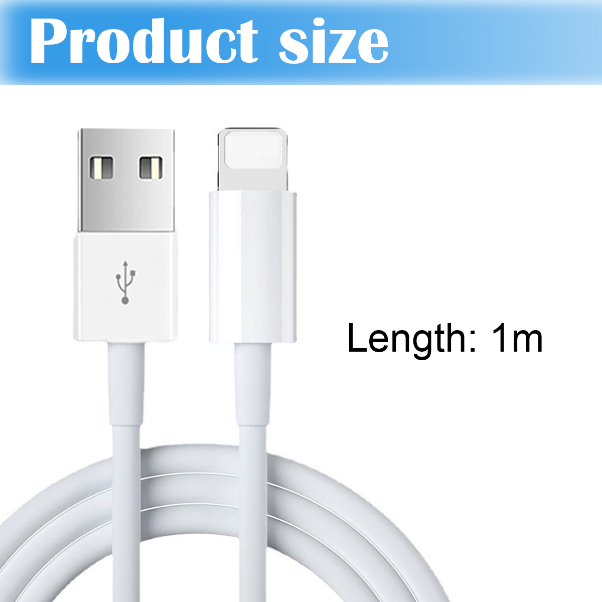 Ein weißes USB-auf-Lightning-Kabel, Länge 1 m, auf weißem Hintergrund. Text 'Produktgröße' oben.