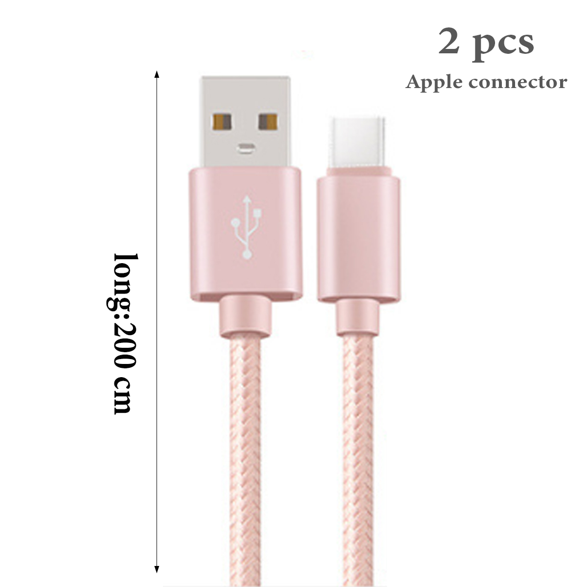 Zwei rosa USB-Kabel für Apple-Geräte. Ein Ende ist USB, das andere Type-C. Text: lang:200 cm und 2 Stück.