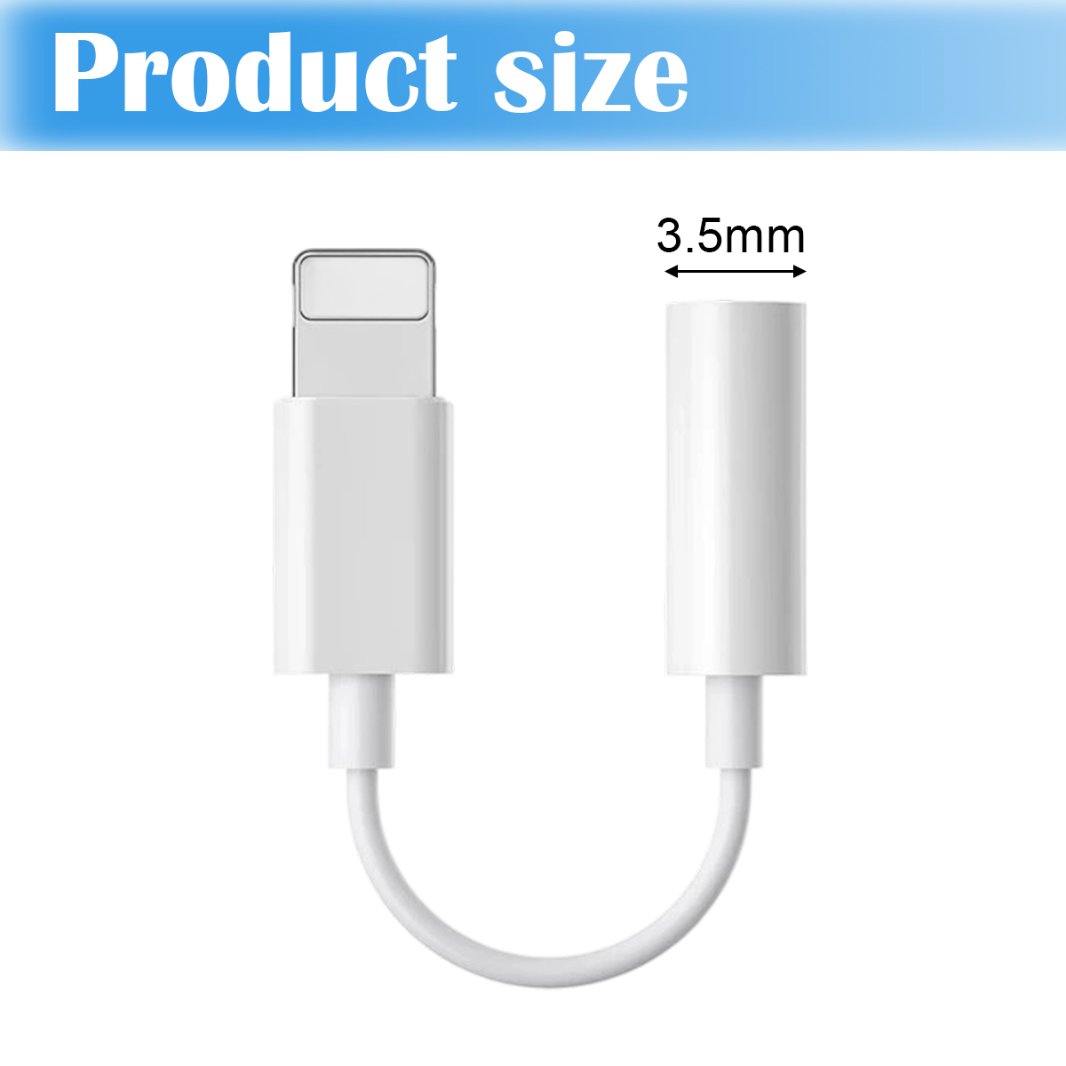 Weißes Adapterkabel für iPhone mit Lightning- und 3,5-mm-Klinke. Produktgröße ist oben angegeben.