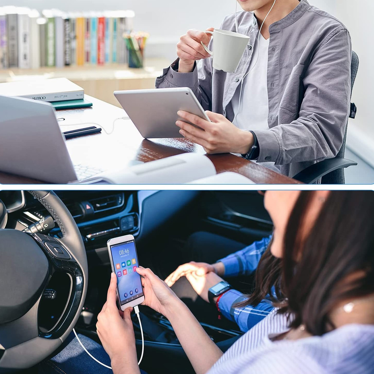 Eine Person benutzt ein Tablet und hält einen Becher. Eine andere Person sitzt in einem Auto und hält ein Smartphone. Beide sind mit Kabeln verbunden.