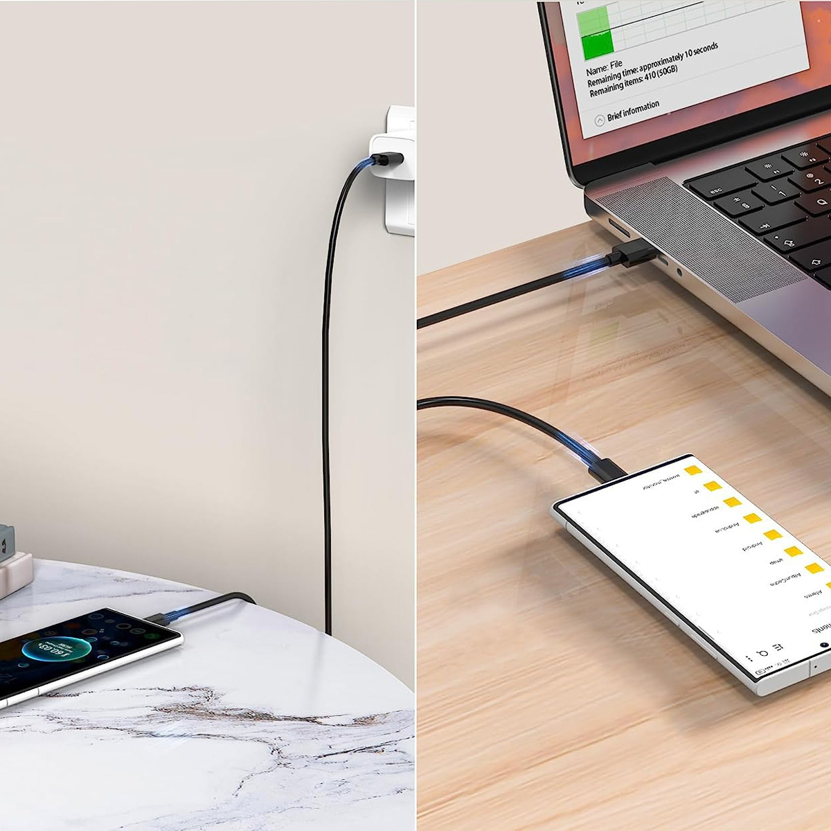 Ein Telefon und ein Laptop sind mit Kabeln verbunden. Ein Ladegerät ist an eine Steckdose angeschlossen. Der Laptop zeigt eine Dateiübertragung.