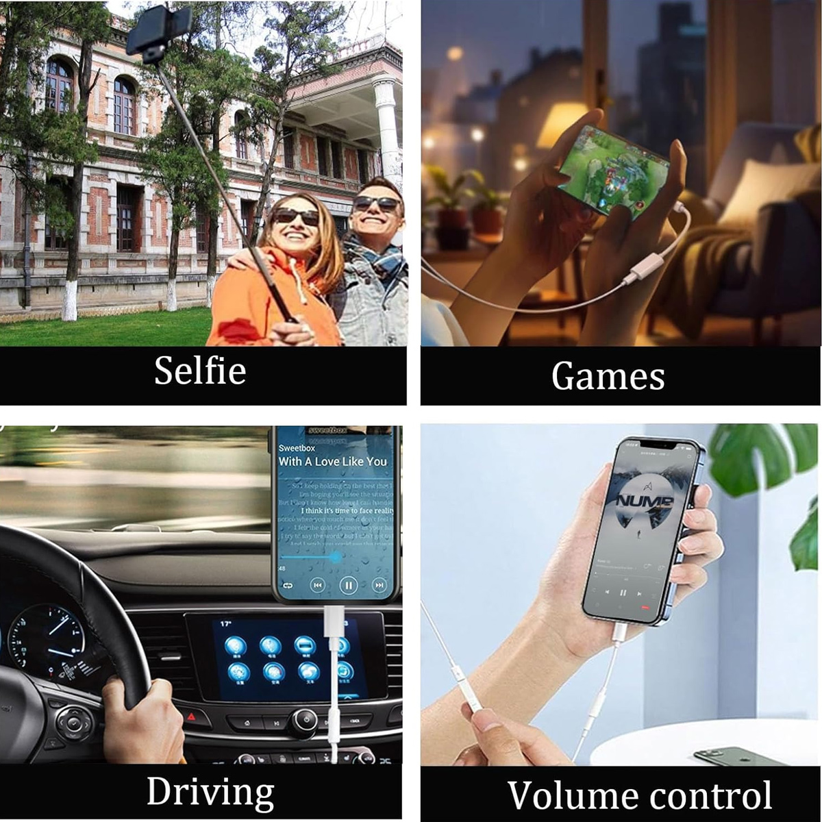 Das Bild hat vier Abschnitte: Selfie, Spiele, Fahren und Lautstärkeregelung, jeweils mit einer Beschriftung.