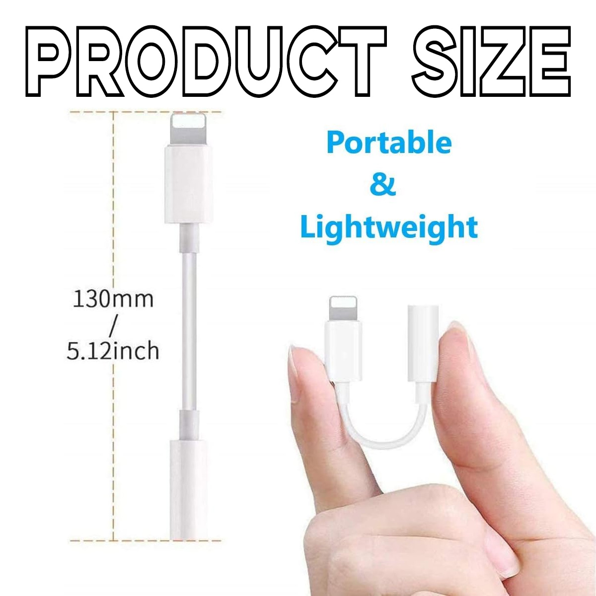 Das Bild zeigt ein weißes Adapterkabel mit dem Text Produktgröße. Der Adapter ist in einer Hand. Es ist als tragbar und leicht gekennzeichnet.