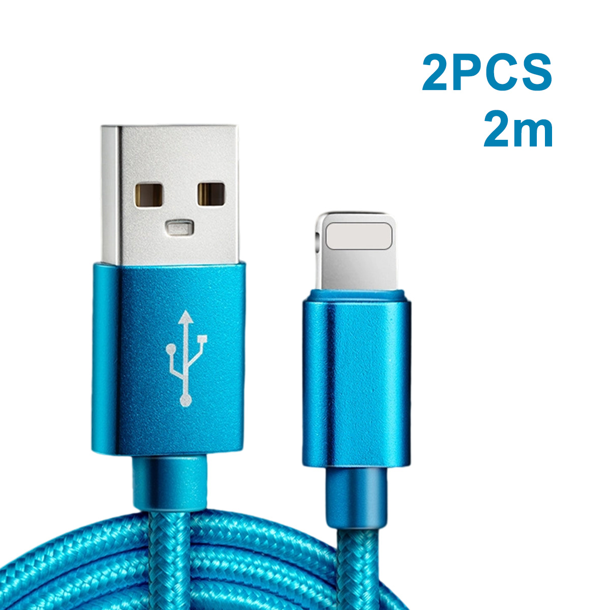 Zwei blaue USB-Kabel mit geflochtenem Kabel. Ein Ende ist USB, das andere ein Lightning-Anschluss, mit Text 2PCS 2m im Hintergrund.