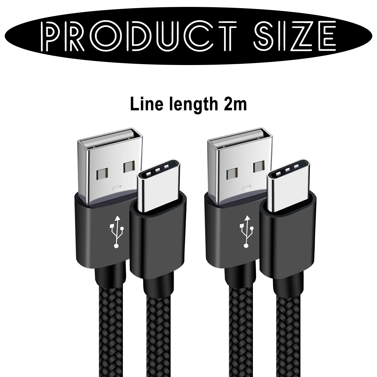 Das Bild zeigt zwei USB-Kabel mit USB-A- und USB-C-Anschlüssen. Die Kabel sind schwarz, mit einem Produktgrößentitel.