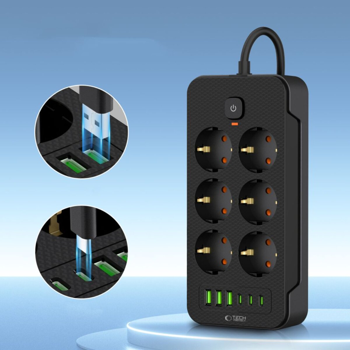 Black power strip with six outlets, USB ports, and a power button. Two circular magnified details show USB connections.