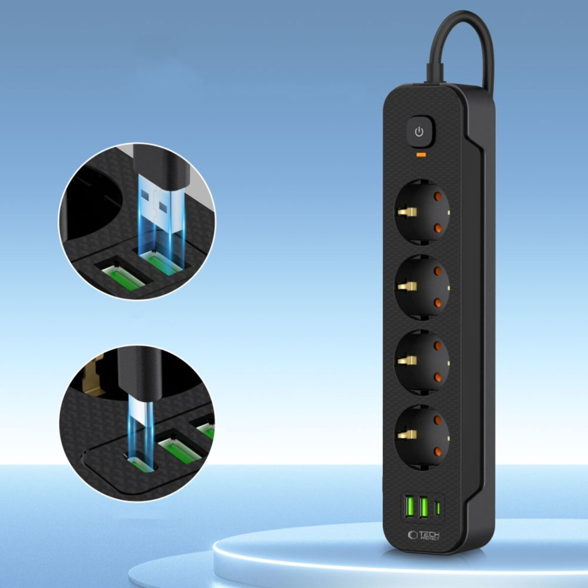 Schwarze Steckdosenleiste mit vier Steckdosen, Ein-/Aus-Taste und USB-Anschlüssen. Zwei inset Bilder zeigen USB-Anschlüsse mit Ladekabeln.