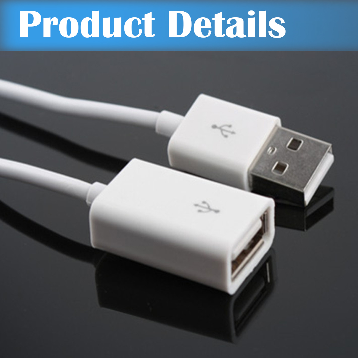 Nahaufnahme von zwei weißen USB-Kabeln auf einer reflektierenden Oberfläche. Eines hat einen USB-A-Anschluss, das andere einen USB-B-Anschluss.