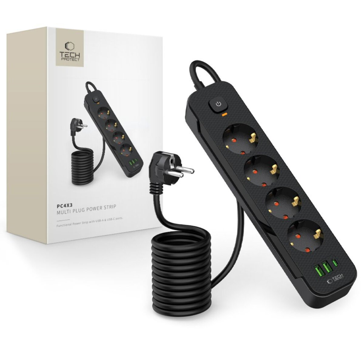 Schwarze Steckdosenleiste mit mehreren Steckdosen und USB-Anschlüssen. Sie hat einen Ein-/Ausschalter und ein schwarzes Kabel.