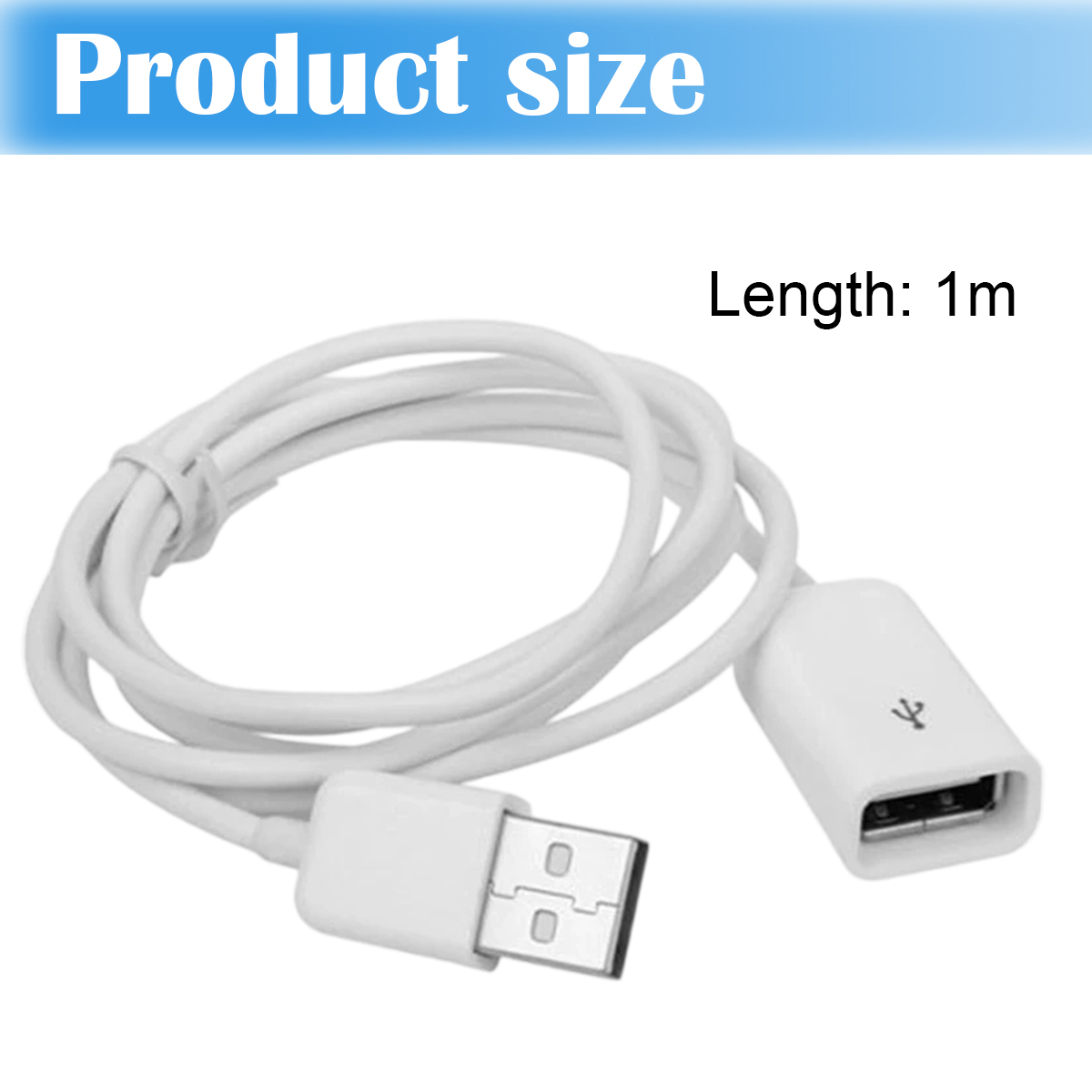 Ein weißes USB-Kabel mit zwei Anschlüssen. Einer ist ein USB-Stecker, der andere ein USB-Anschluss. Das Kabel ist 1 Meter lang.