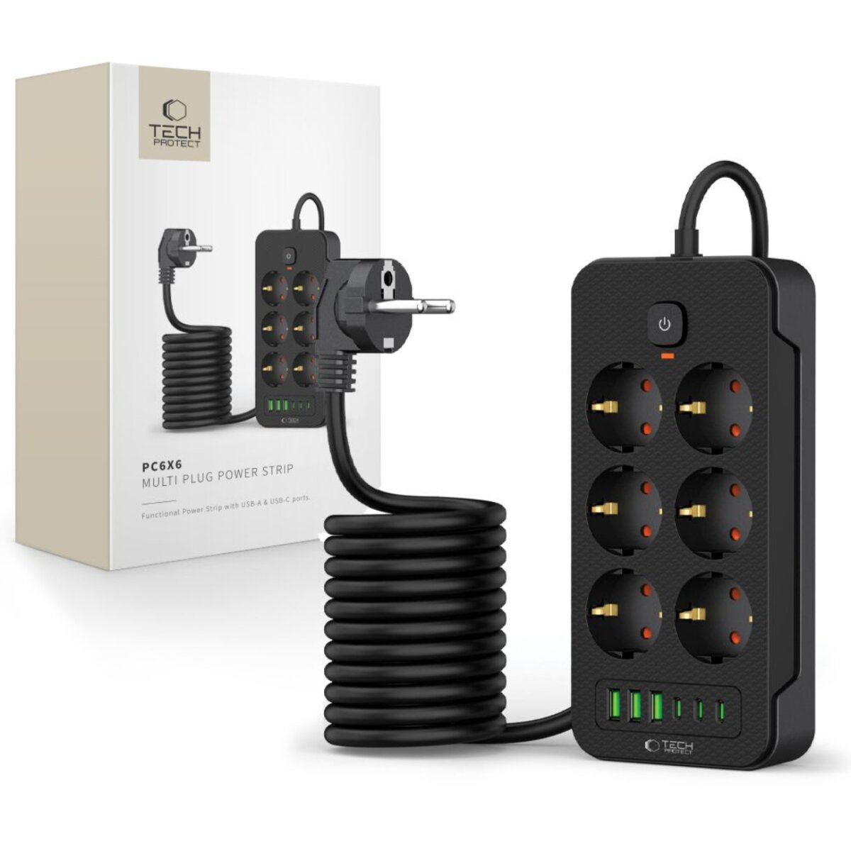 Black power strip with multiple outlets and USB ports, next to its box. The power cord is coiled.