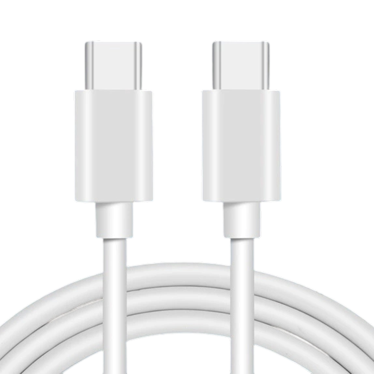 Zwei weiße USB-C-Ladekabel. Die Anschlüsse sind oben zu sehen, die Kabel sind unten aufgerollt.
