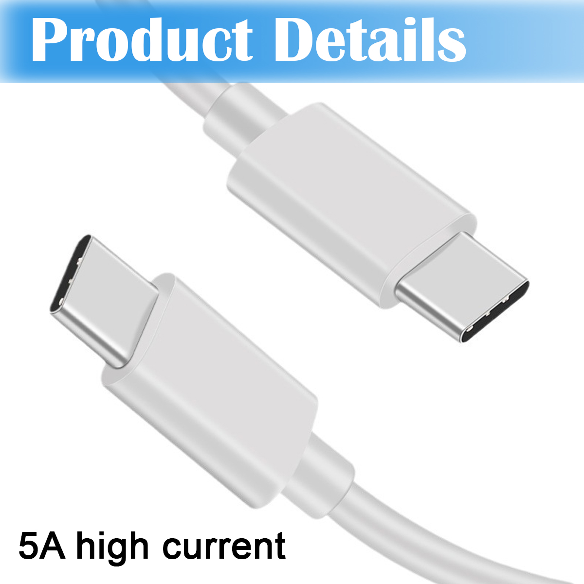 Zwei weiße USB-C-Kabel werden angezeigt. Unten steht '5A high current'. Oben steht 'Produktdetails'.
