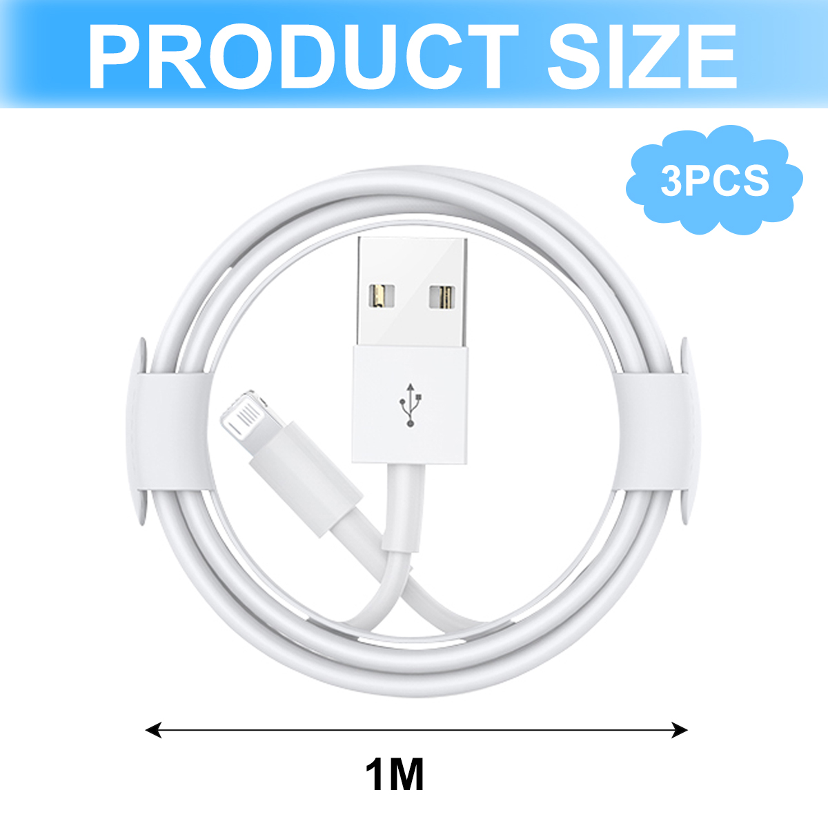 Weißes USB-Kabel, aufgerollt, mit Lightning- und USB-Anschlüssen. Text: Produktgröße, 1M und 3 Stück.
