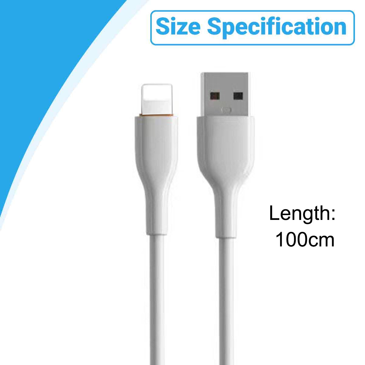 Zwei weiße USB-Kabel, eines mit Lightning-Anschluss, das andere USB-A. Länge 100 cm. Text: Größenangabe.