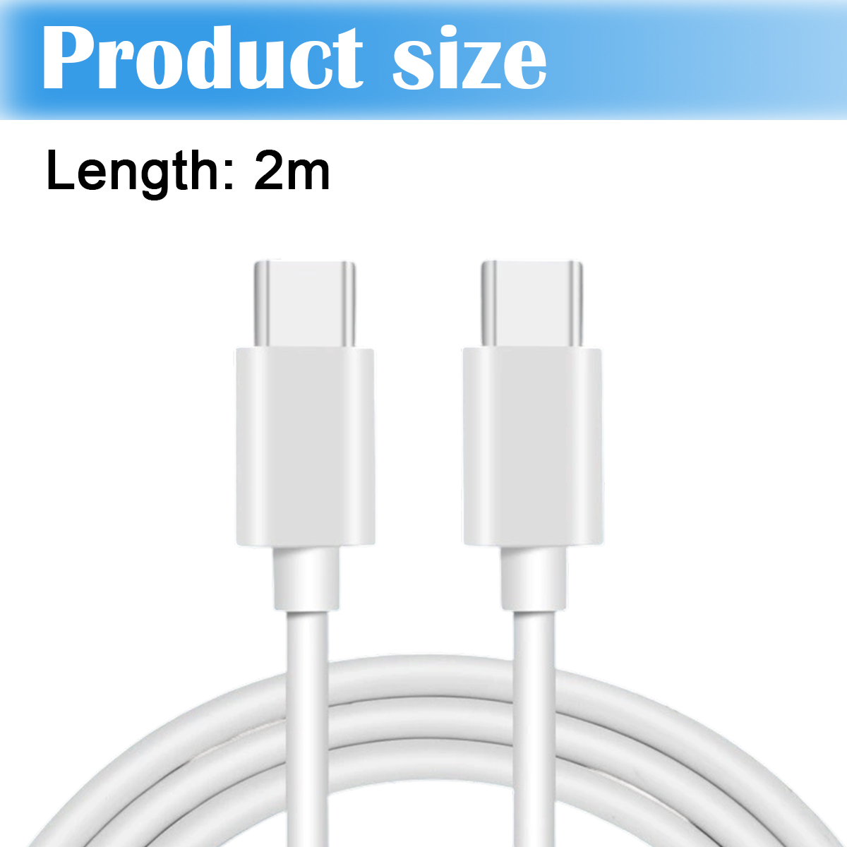 Zwei weiße USB-C-Kabel, aufgerollt, vor weißem Hintergrund. Text oben: Produktgröße. Text darunter: Länge: 2m.